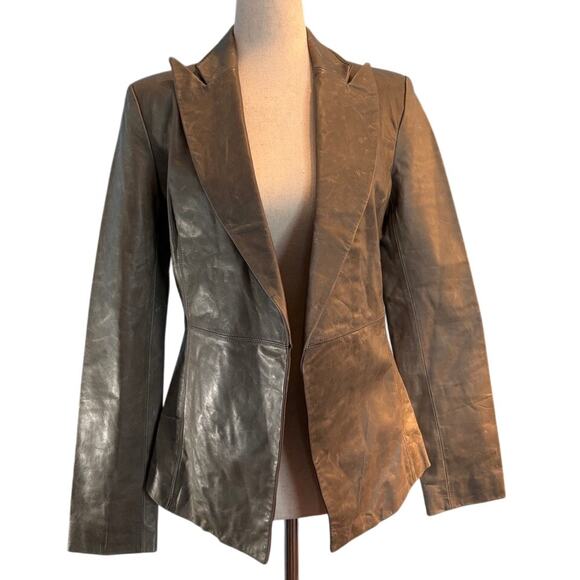 NWOT BLK DNM Distressed Leather Blazer Jacket Lined Olive Open XS XXS - Picture 2 of 9